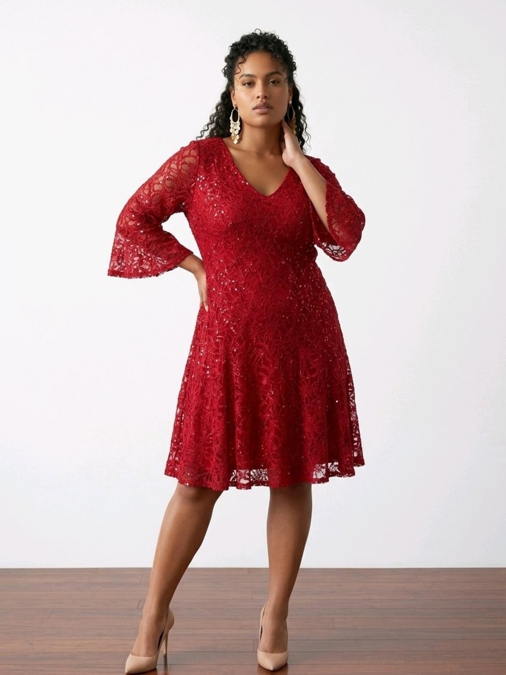 Chris McLaughlin Size 12 Red Lace Sequin Fit & Flare Cocktail Dress